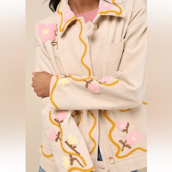 Kerry beige multi corduroy embroidered collared jacket - Picture 4 of 6